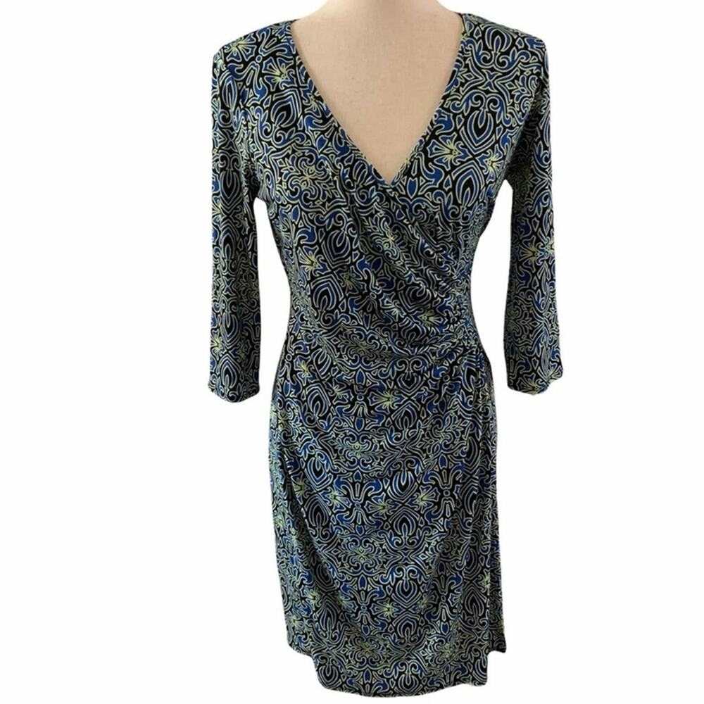 Laundry side gathered dress faux wrap. Long sleeves deep‎ v neck. Size 6